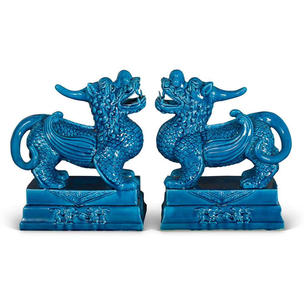 Blue Porcelain Standing Chinese Pixiu Set