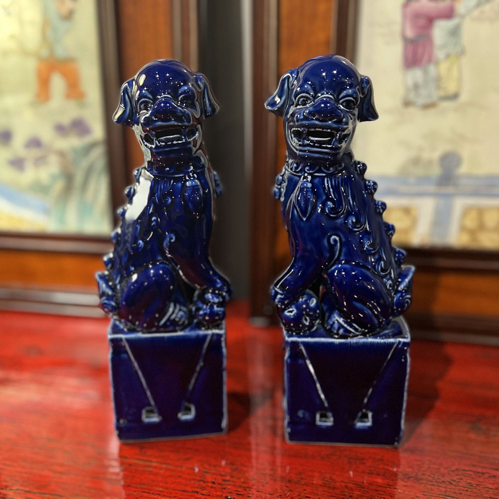 Dark Blue Porcelain Chinese Foo Dog Set