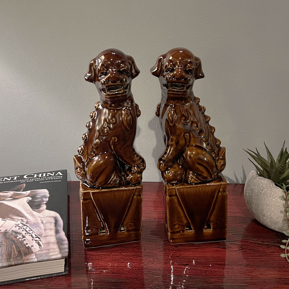 Brown Porcelain Chinese Foo Dog Set