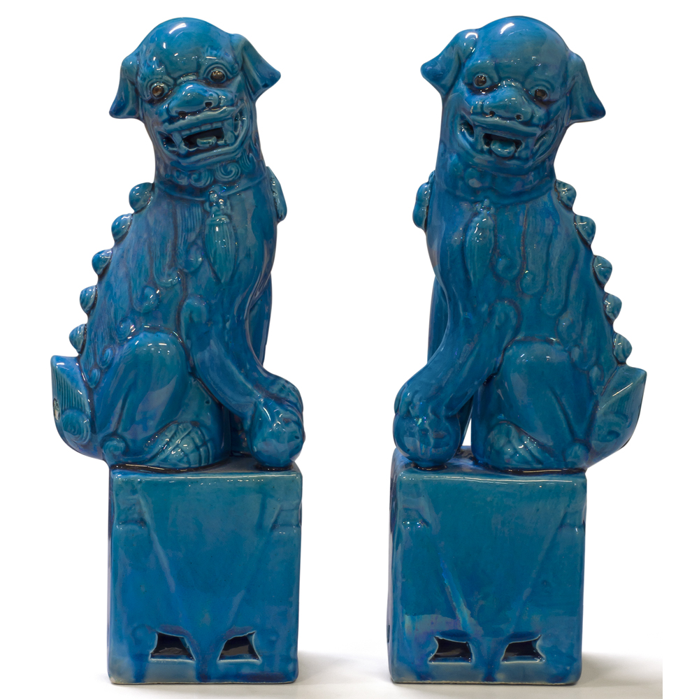 Dark Blue Porcelain Foo Dog Chinese Figurine Set