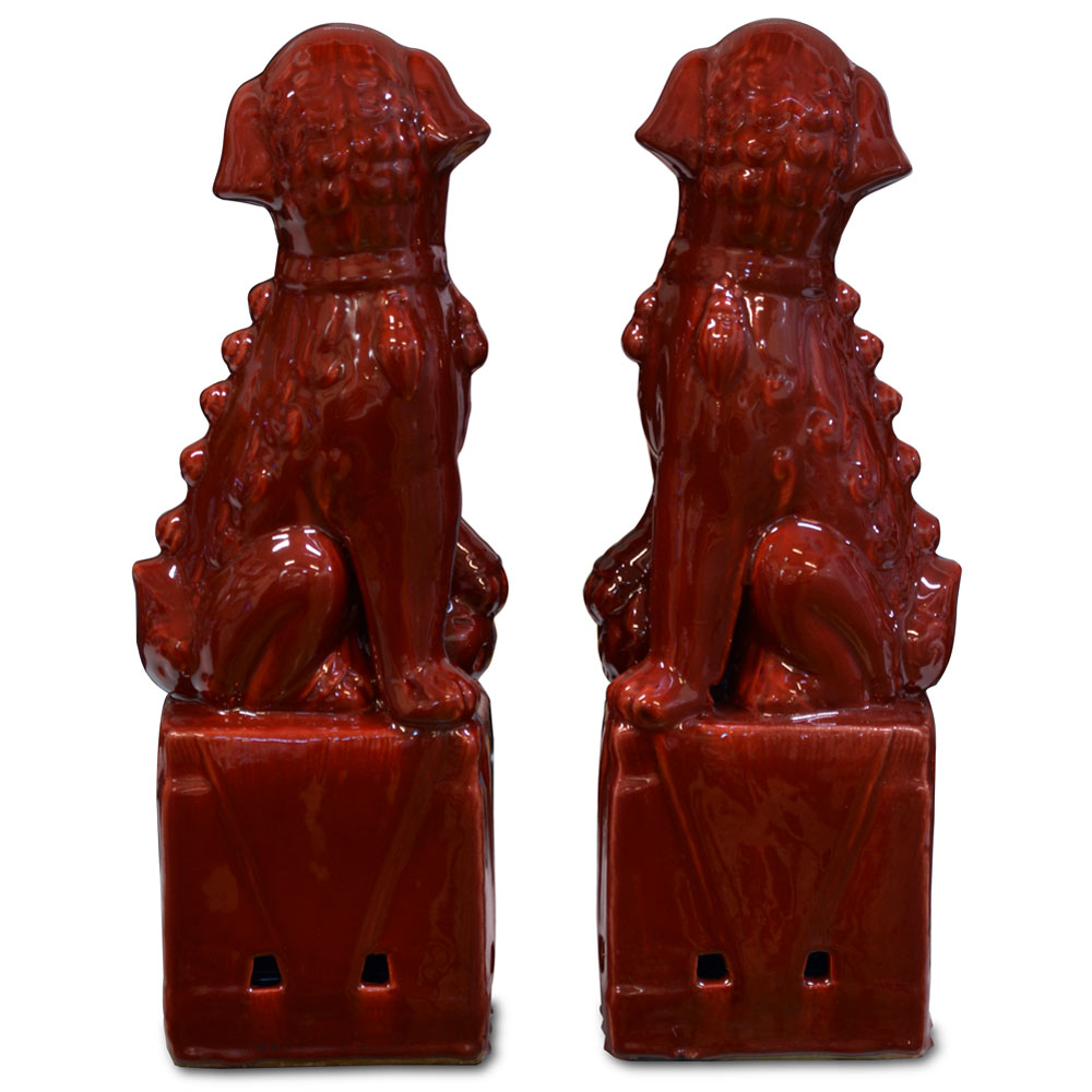 Porcelain Red Foo Dogs Chinese Statue Set