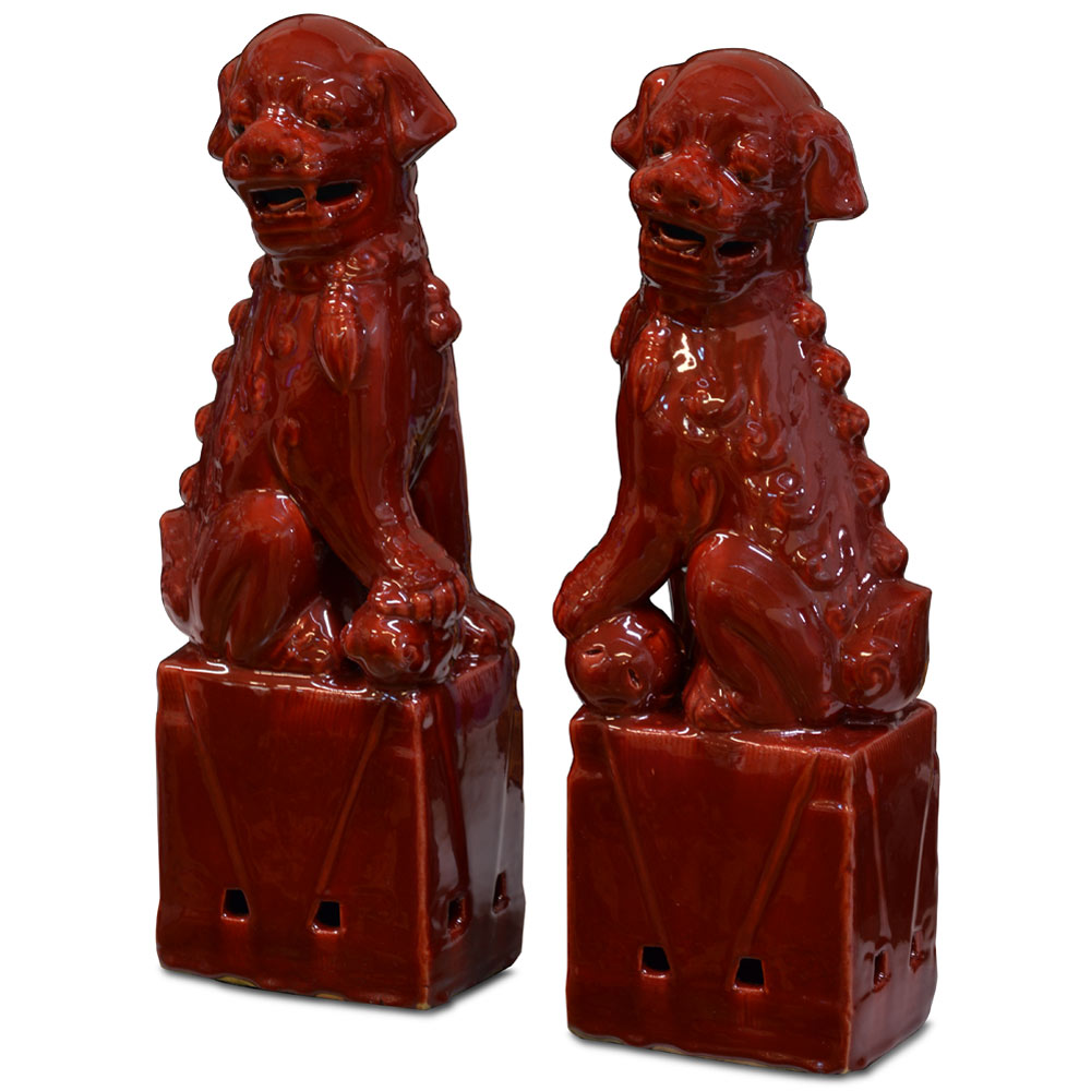 Porcelain Red Foo Dogs Chinese Statue Set