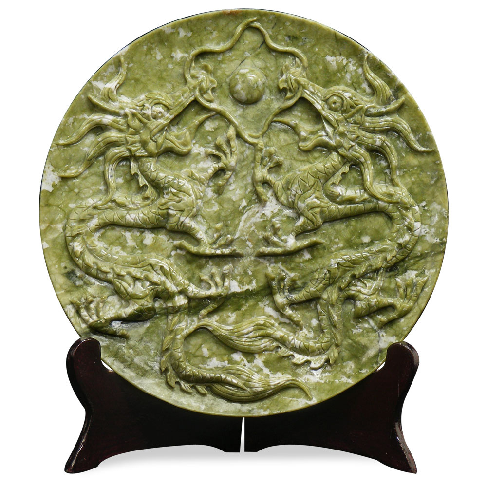 Double Dragon Oriental Jade Decorative Plate