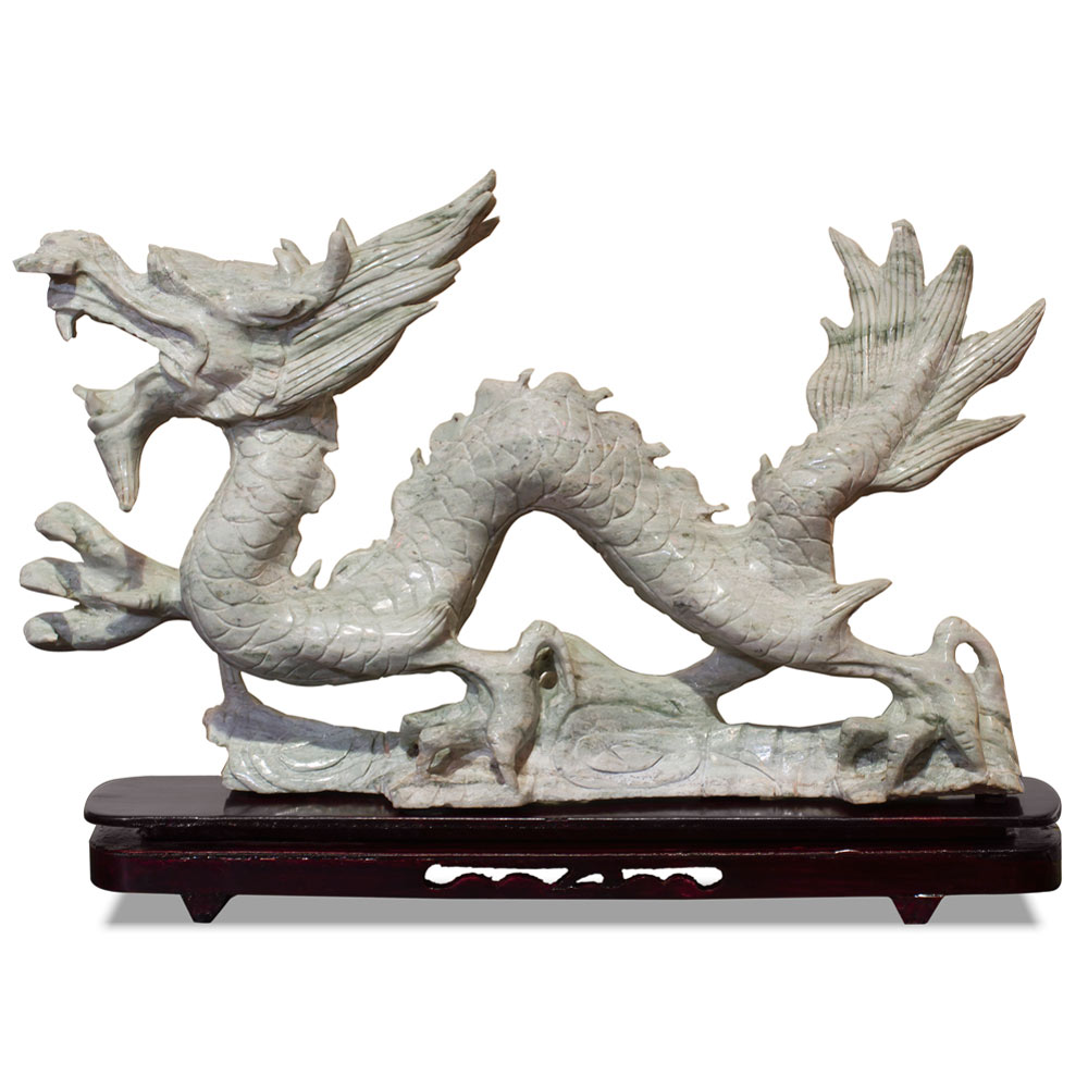 Jade Flying Dragon Chinese Statue with Wooden Stand