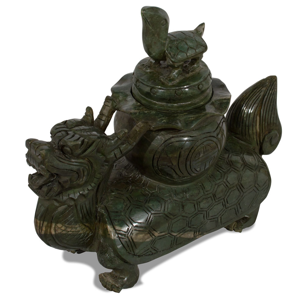 Hand Carved Chinese Jade Dragon Turtle Incense Burner with Lid