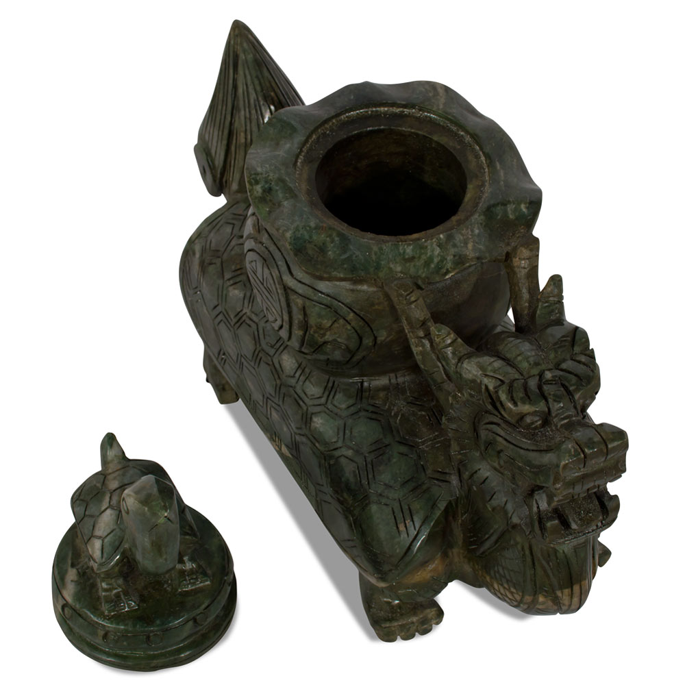 Hand Carved Chinese Jade Dragon Turtle Incense Burner with Lid