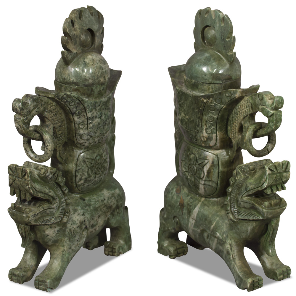 Jade Chinese Lion with Flaming Pearl Wine Cup Set of Two