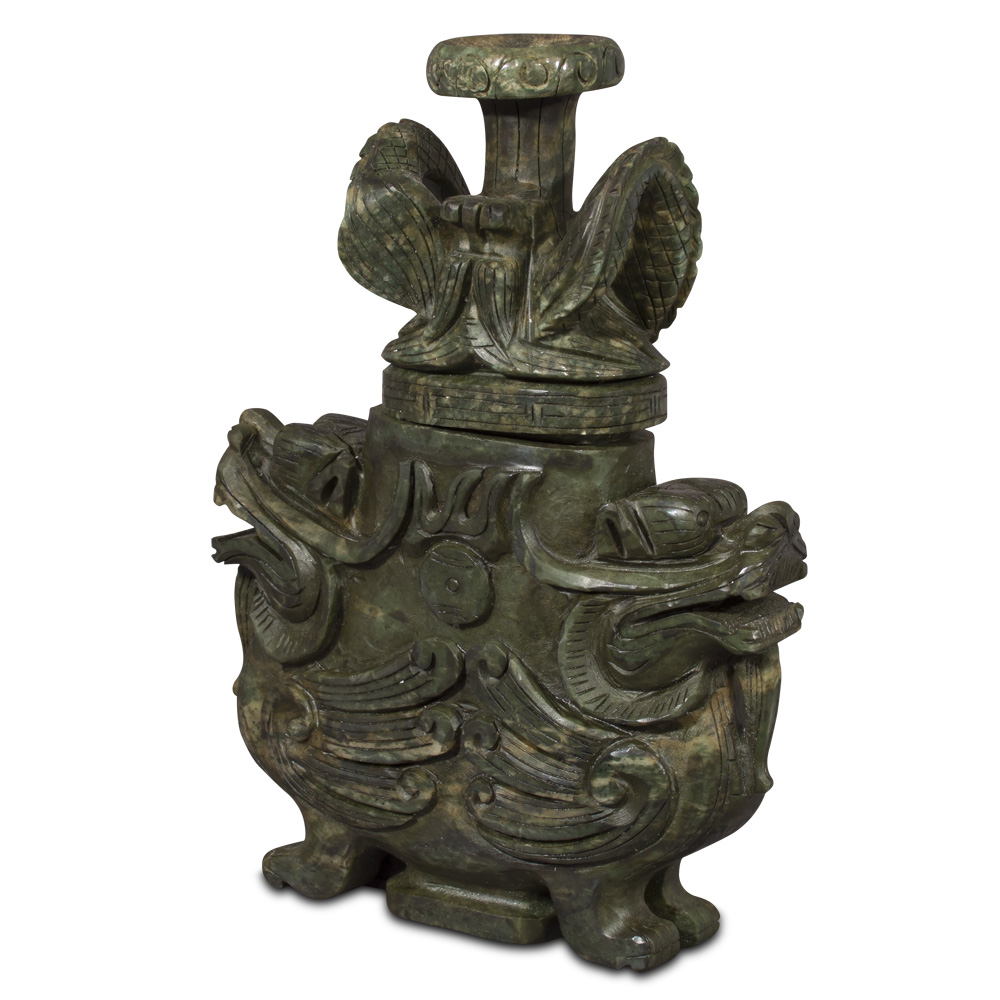Hand Carved Chinese Jade Winged Lion Vessel with Removable Lid