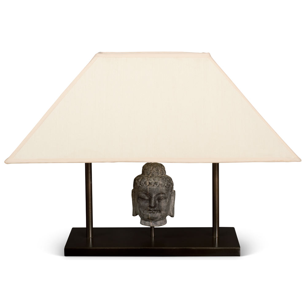 Stone Buddha Head Motif Chinese Lamp with Silk Shade