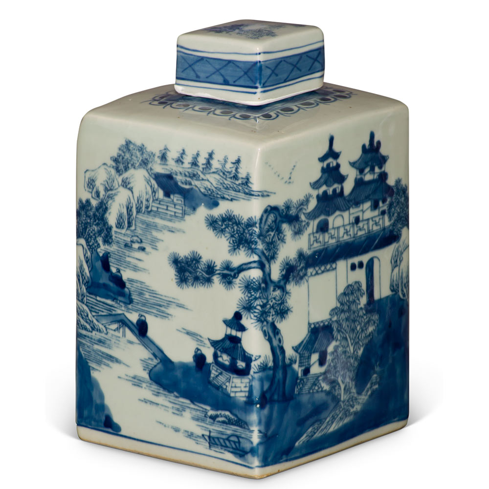 Blue and White Porcelain Chinese Tea Jar with Pagoda Scenery Motif