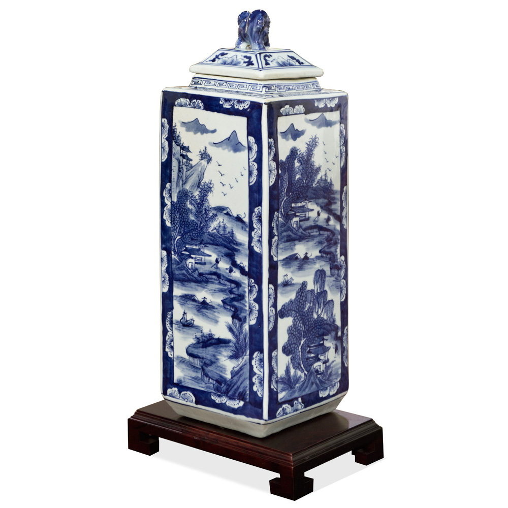 Blue and White Scenery Porcelain Chinese Tea Jar