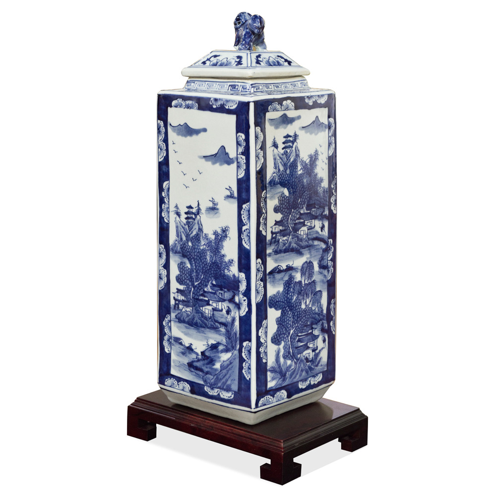 Blue and White Scenery Porcelain Chinese Tea Jar