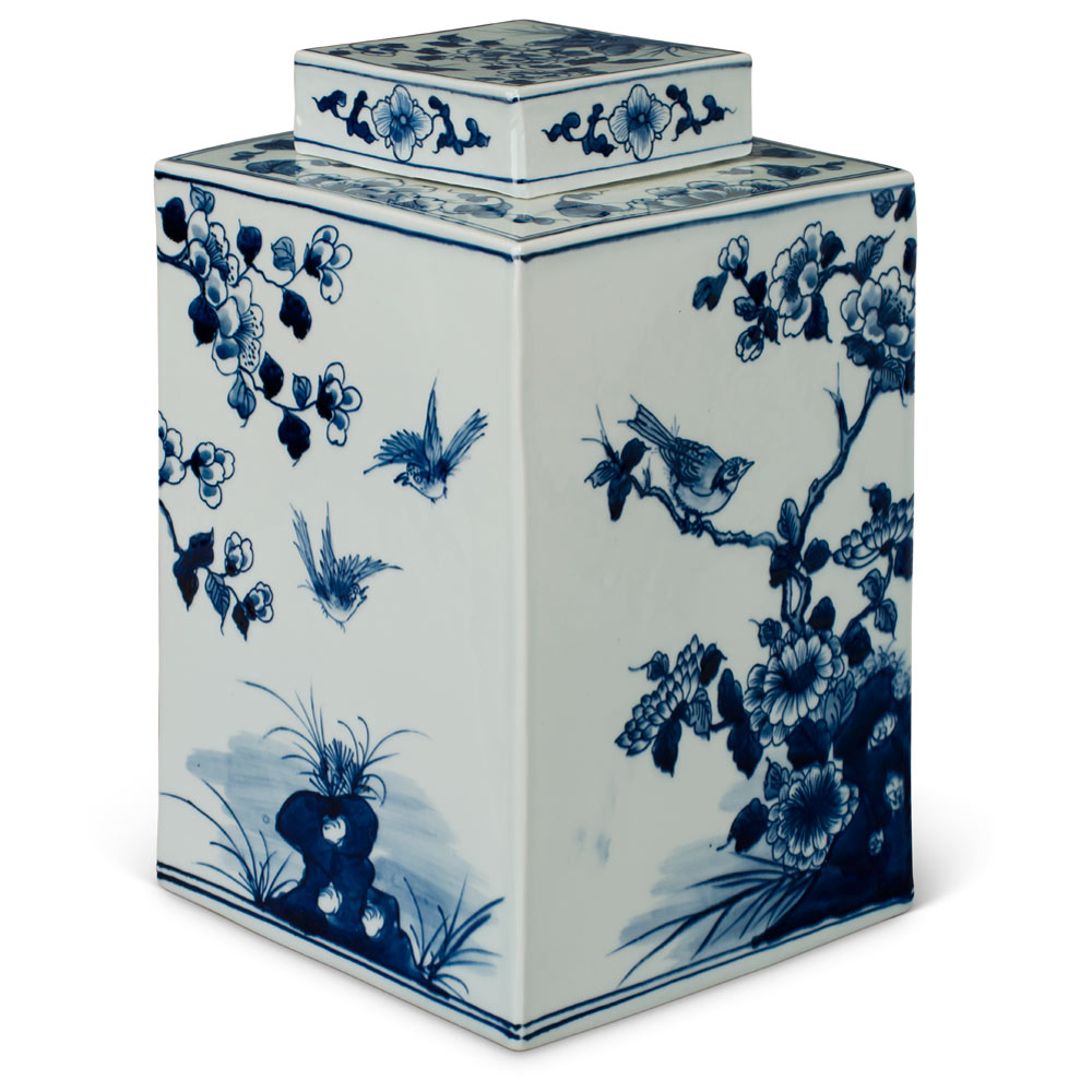 Blue and White Porcelain Flower and Birds Chinese Tea Jar