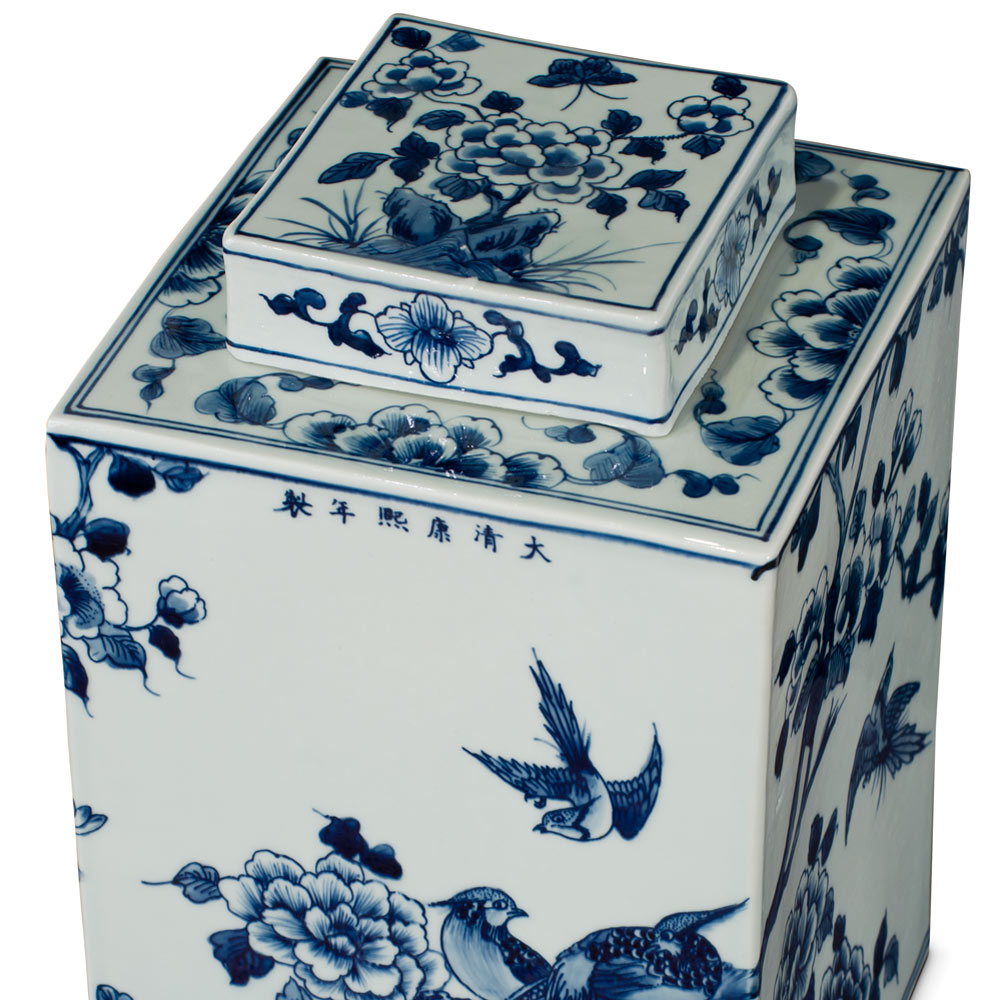 Blue and White Porcelain Flower and Birds Chinese Tea Jar