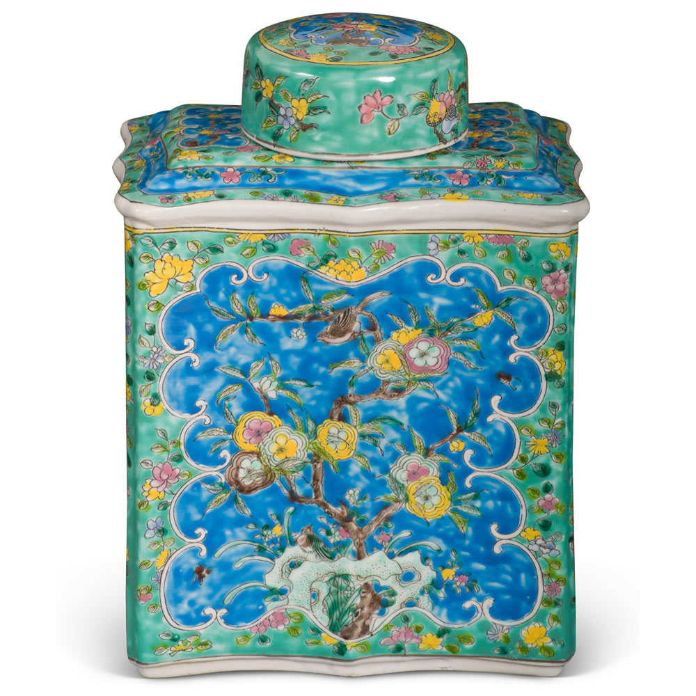 Light Blue and Turquoise Chinese Porcelain Tea Jar with Flower Motif