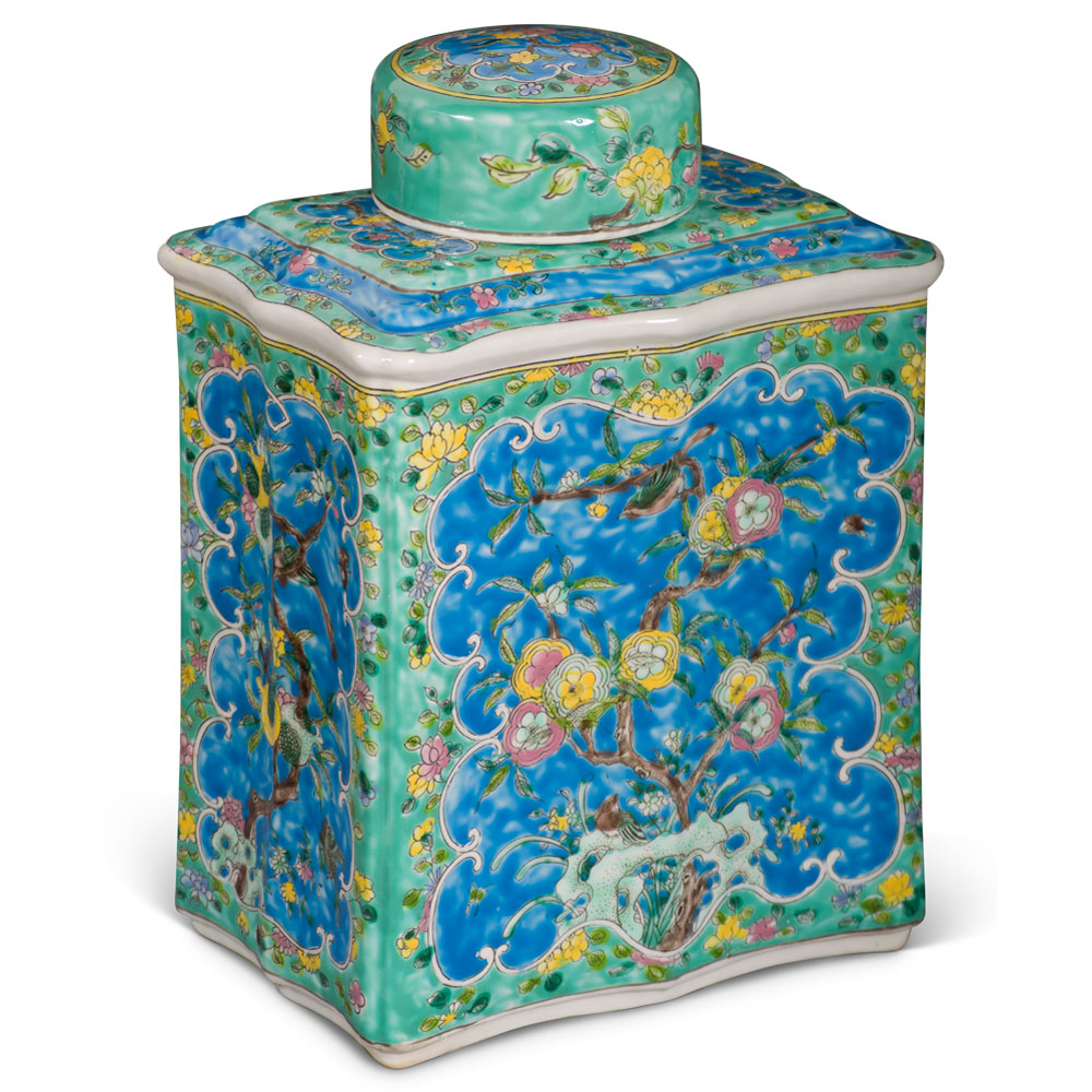 Light Blue and Turquoise Chinese Porcelain Tea Jar with Flower Motif