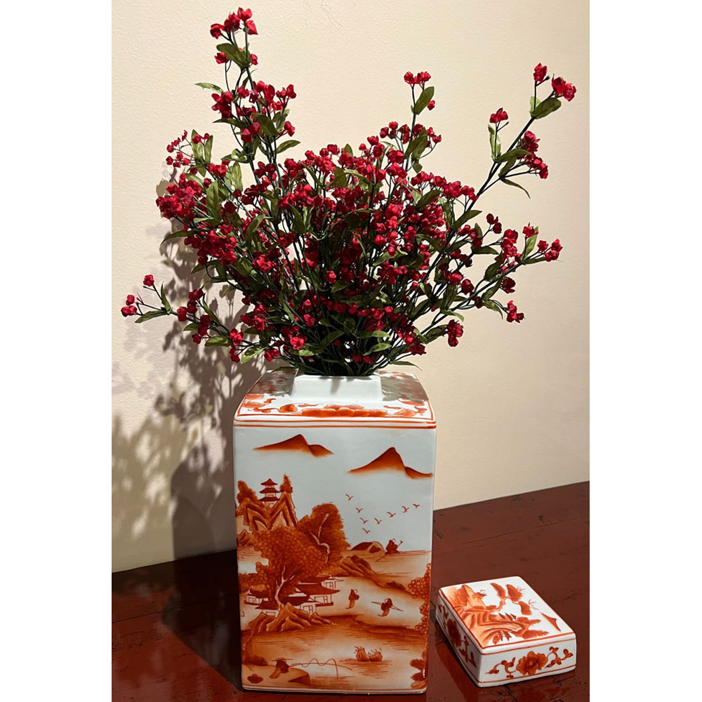 Red Orange Porcelain Scenery Chinese Tea Jar