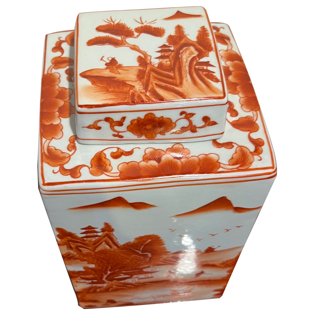 Red Orange Porcelain Scenery Chinese Tea Jar