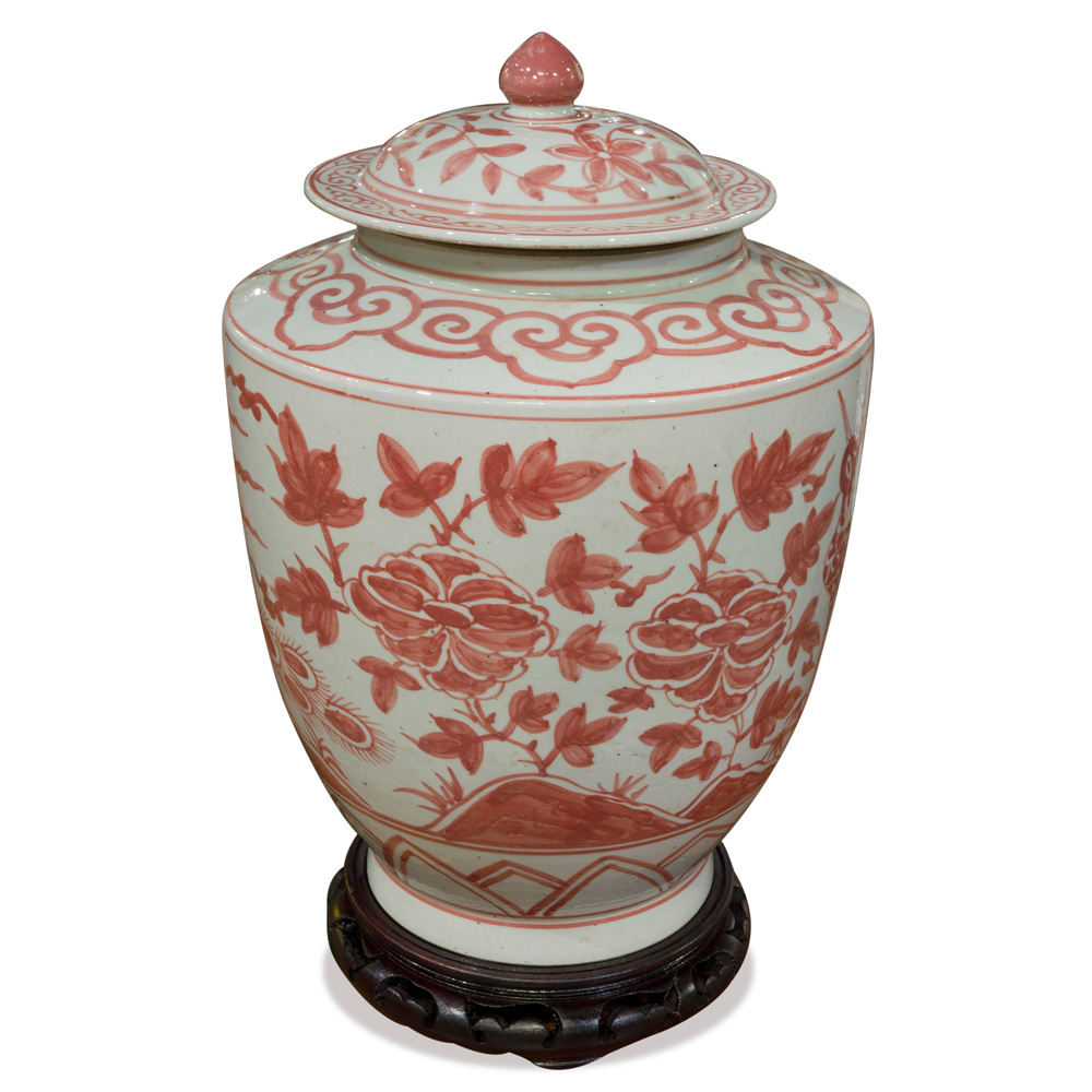 Red and White Porcelain Tea Jar with Peacock