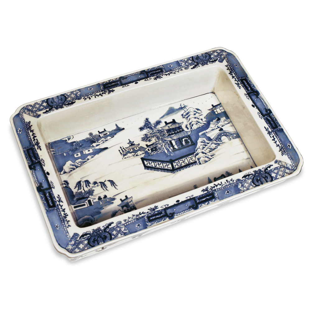 Blue and White Porcelain Tray with Courtyard Design