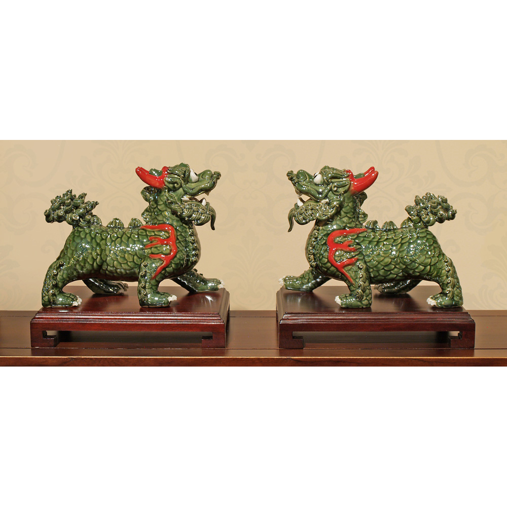 Green Porcelain Regal Kirin Oriental Figurine Set