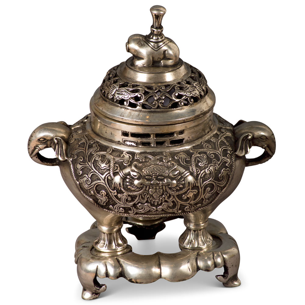Silver Plated Elephant Motif Chinese Incense Burner