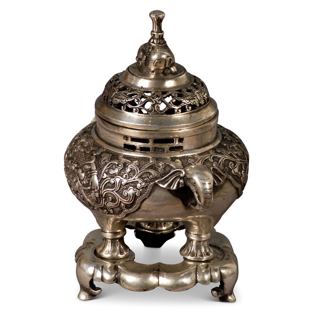 Silver Plated Elephant Motif Chinese Incense Burner