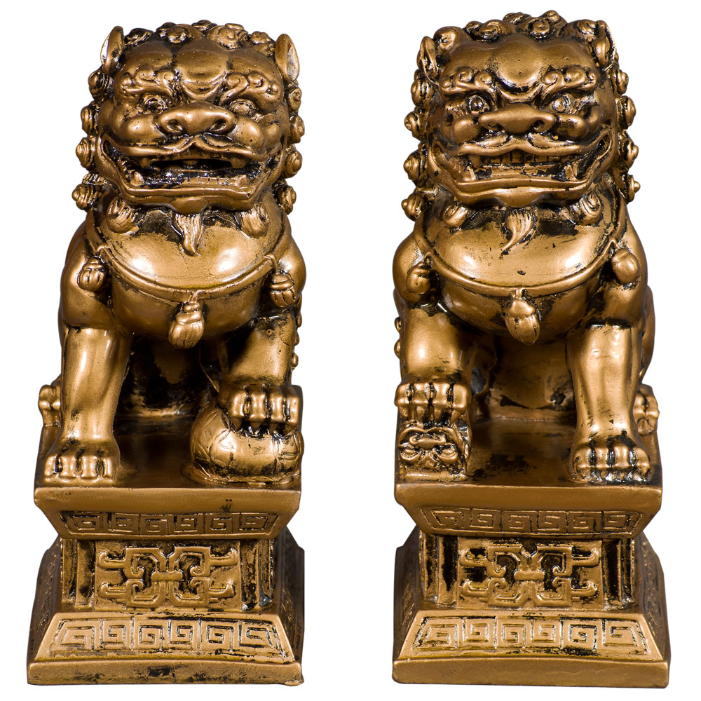 Antique Gold Resin Chinese Foo Dog Statue Set
