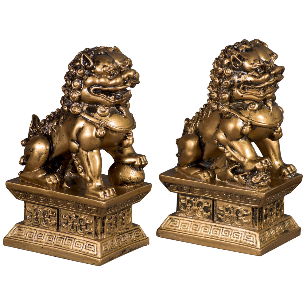 Antique Gold Resin Chinese Foo Dog Statue Set