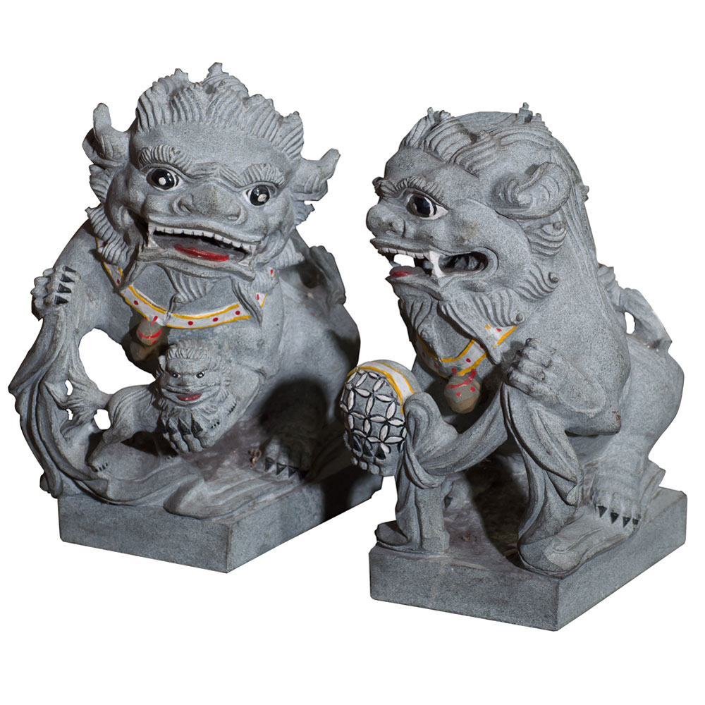 10 Inch Painted Stone Chinese Foo Dog Statue Set