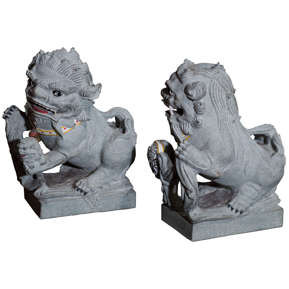 10 Inch Painted Stone Chinese Foo Dog Statue Set