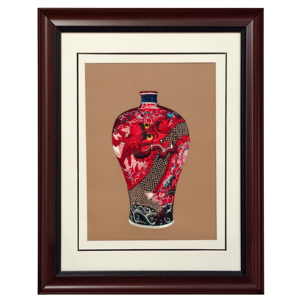 Chinese Silk Embroidery of Red Imperial Dragon Vase
