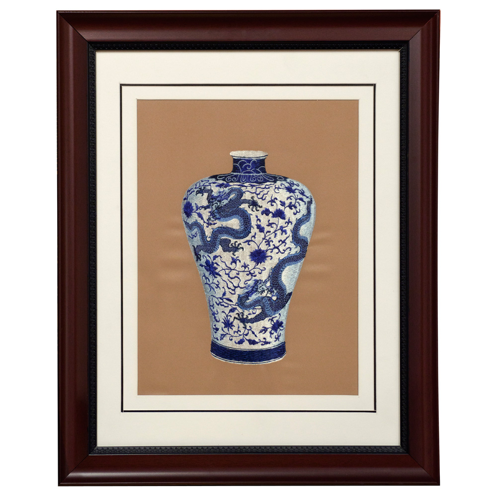 Chinese Silk Embroidery of Blue and White Vase with Prosperity Dragons
