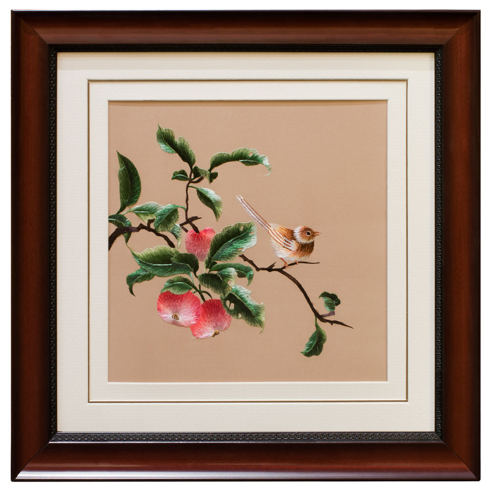 Chinese Silk Embroidery Wall Art of Bird on a Peach Branch