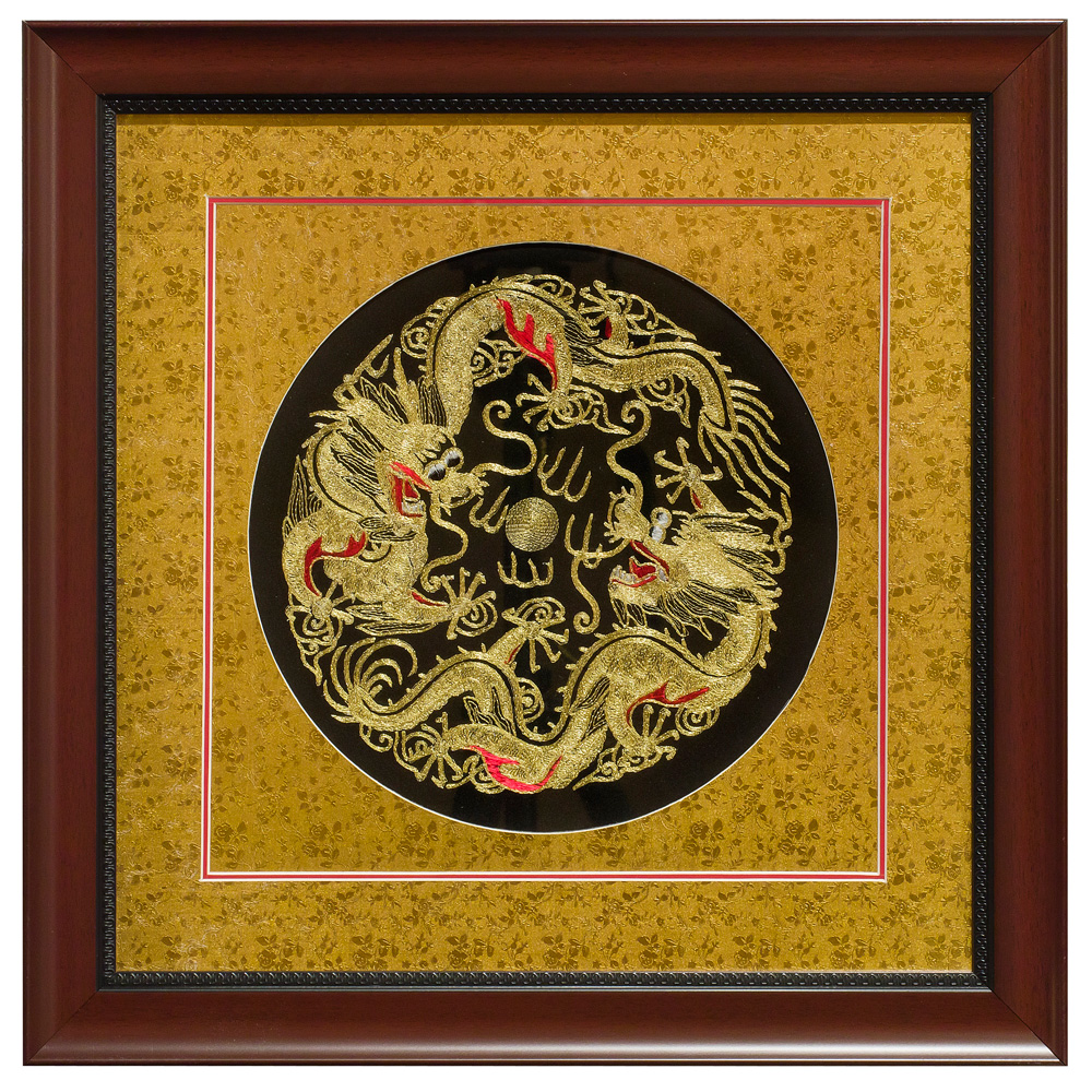Silk Embroidery of Two Dragons with Gold Mat