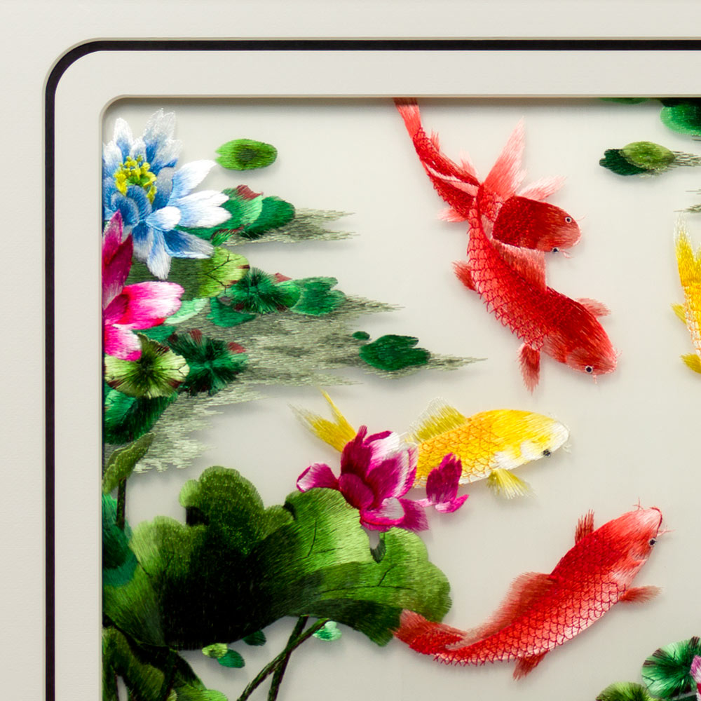 Chinese Silk Embroidery of Nine Koi Fish and Lotus Flowers