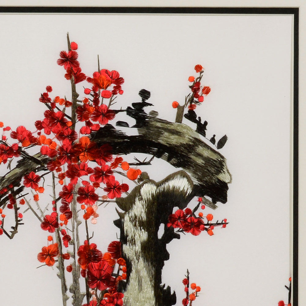 Square Chinese Silk Embroidery of Red Cherry Blossom Tree