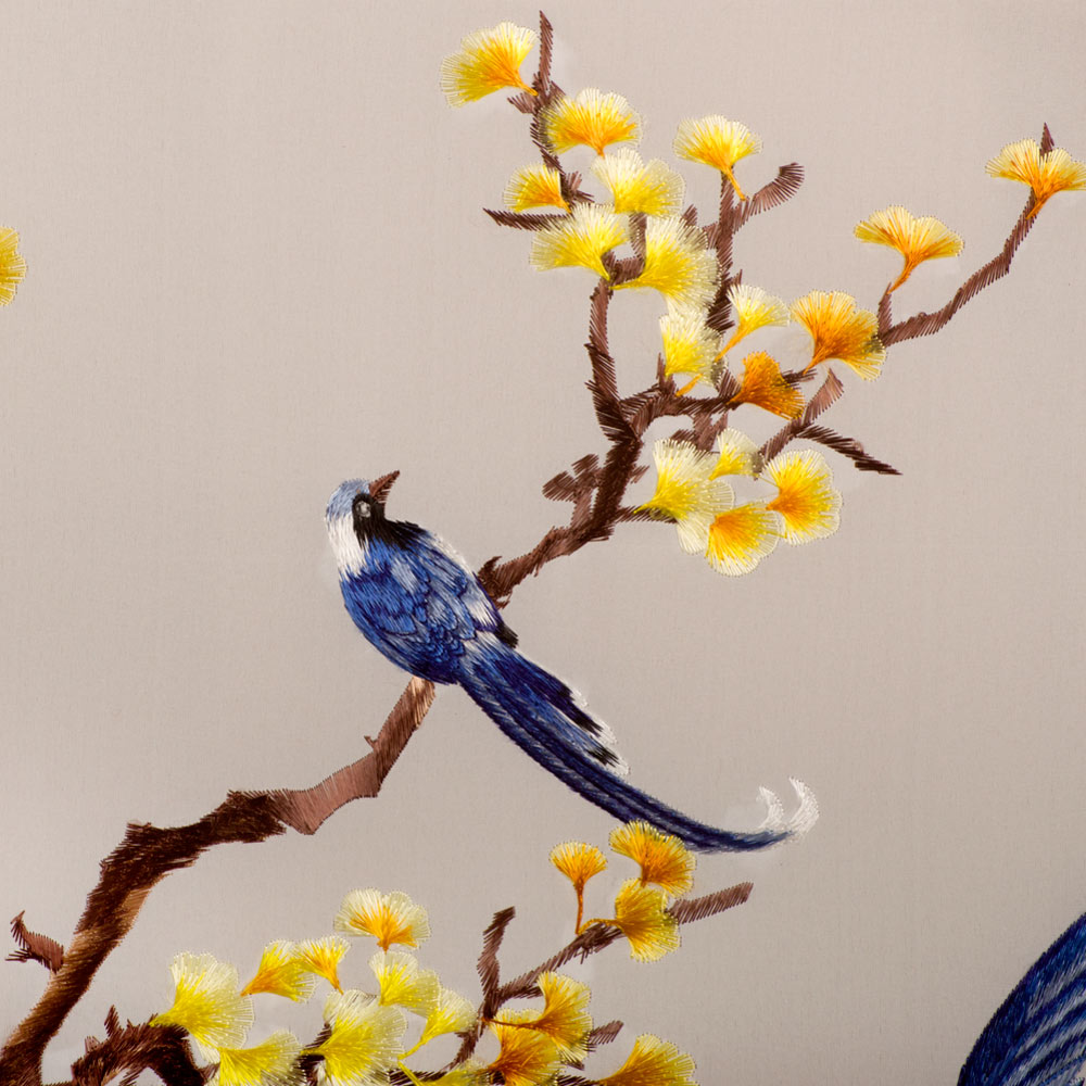 Chinese Silk Embroidery Wall Art of Blue Maggies on a Yellow Ginkgo Branch