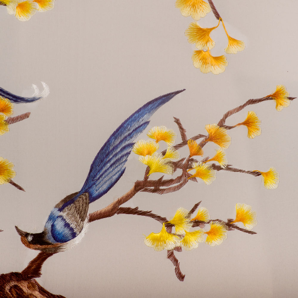 Chinese Silk Embroidery Wall Art of Blue Maggies on a Yellow Ginkgo Branch