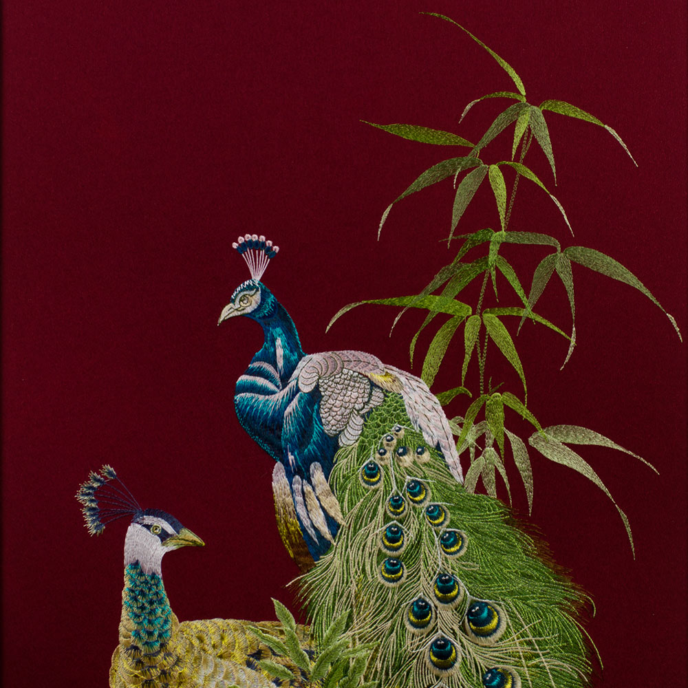 Grand Chinese Silk Embroidery of Peacocks and Peony Frame