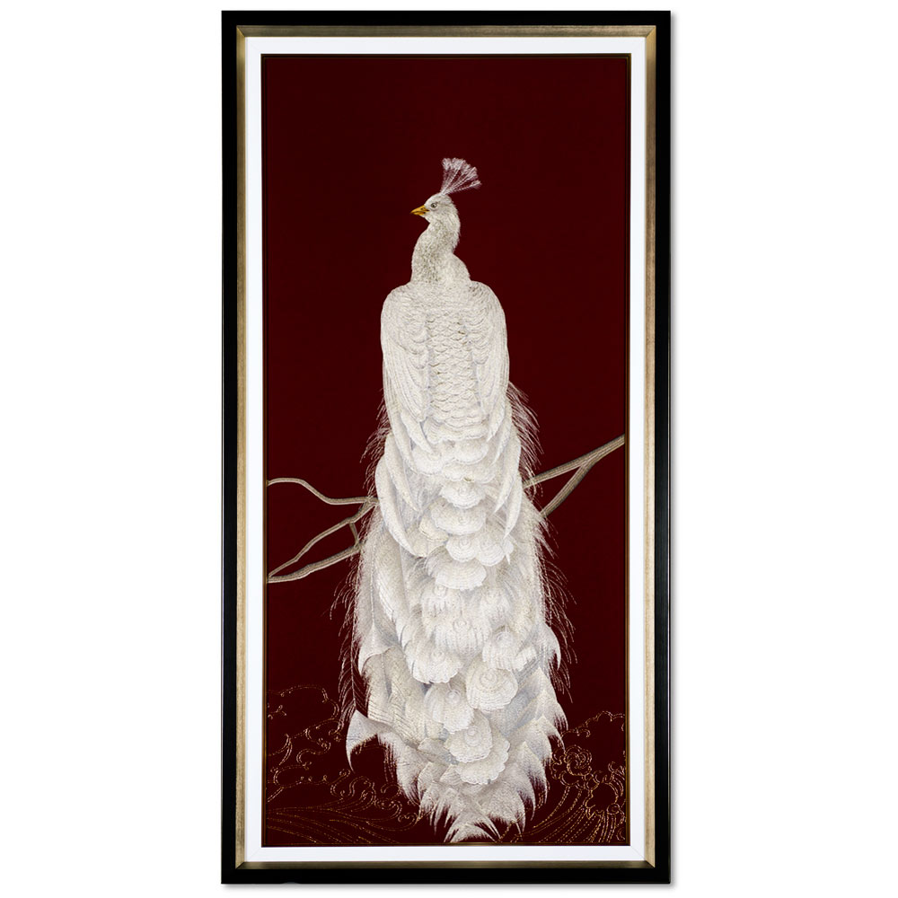 Grand Chinese Silk Embroidery of White Peacock Frame