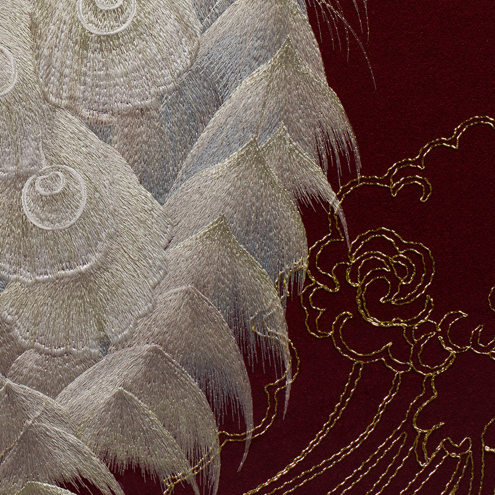 Grand Chinese Silk Embroidery of White Peacock Frame