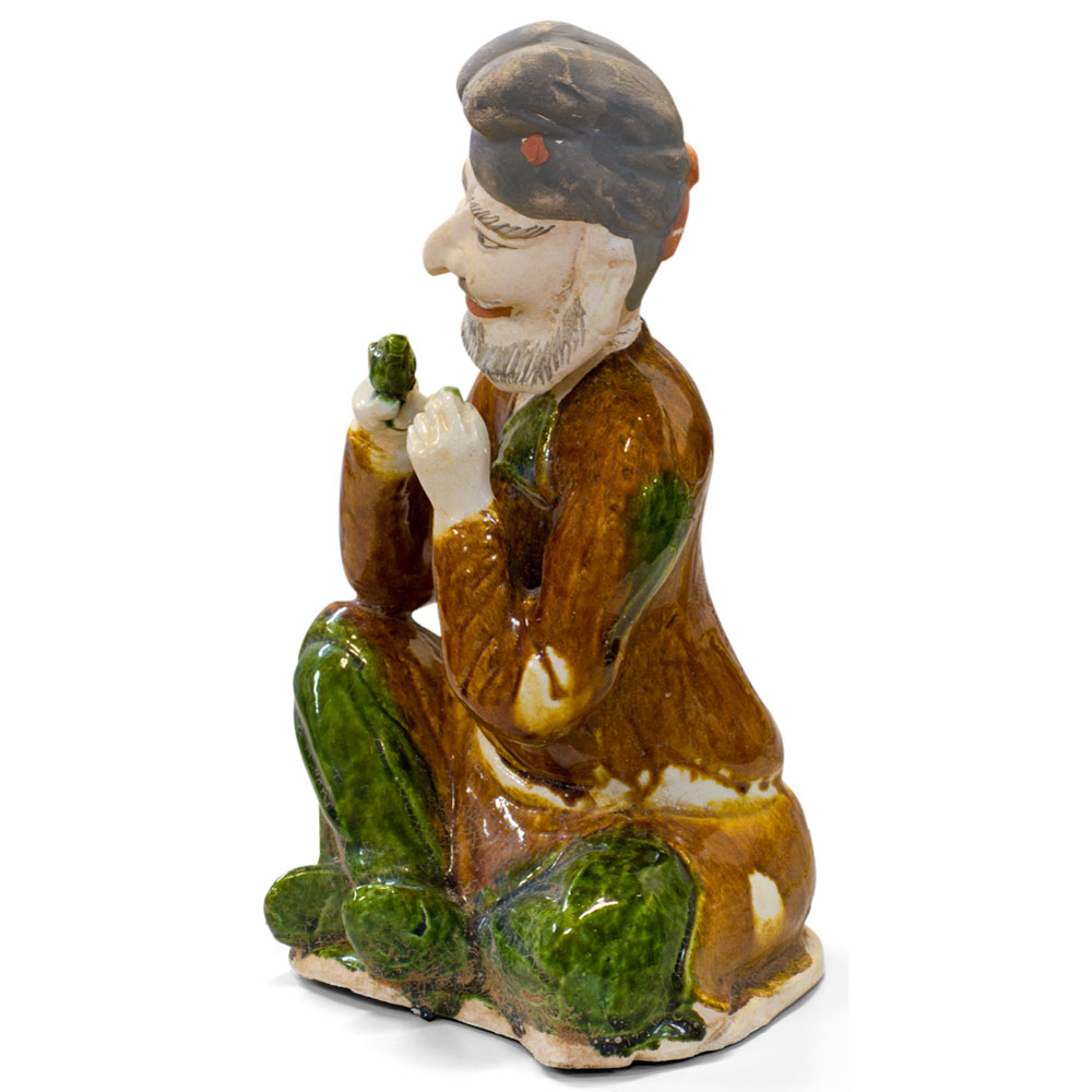 Tang Tri-Color Glazed Ceramics Sculpture of Man Holding Bird