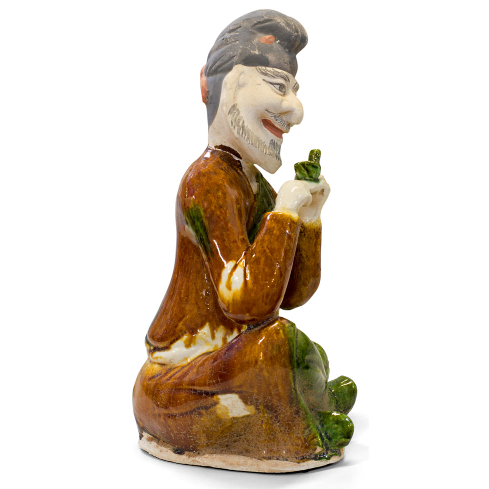 Tang Tri-Color Glazed Ceramics Sculpture of Man Holding Bird