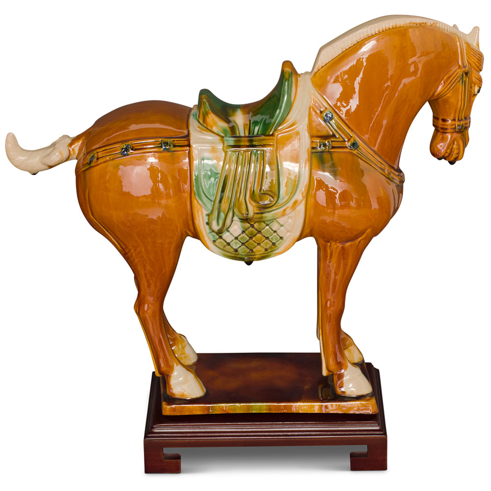 Tang Dynasty Tri-Color Glazed Ceramic Chinese Bay Horse Statue