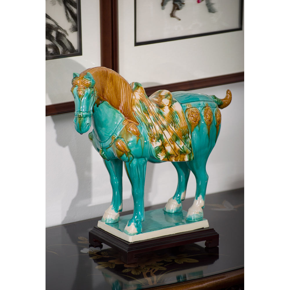 Tang Dynasty Tricolor Ceramic Horse with Colorful Saddle Tomb Figurine Replica