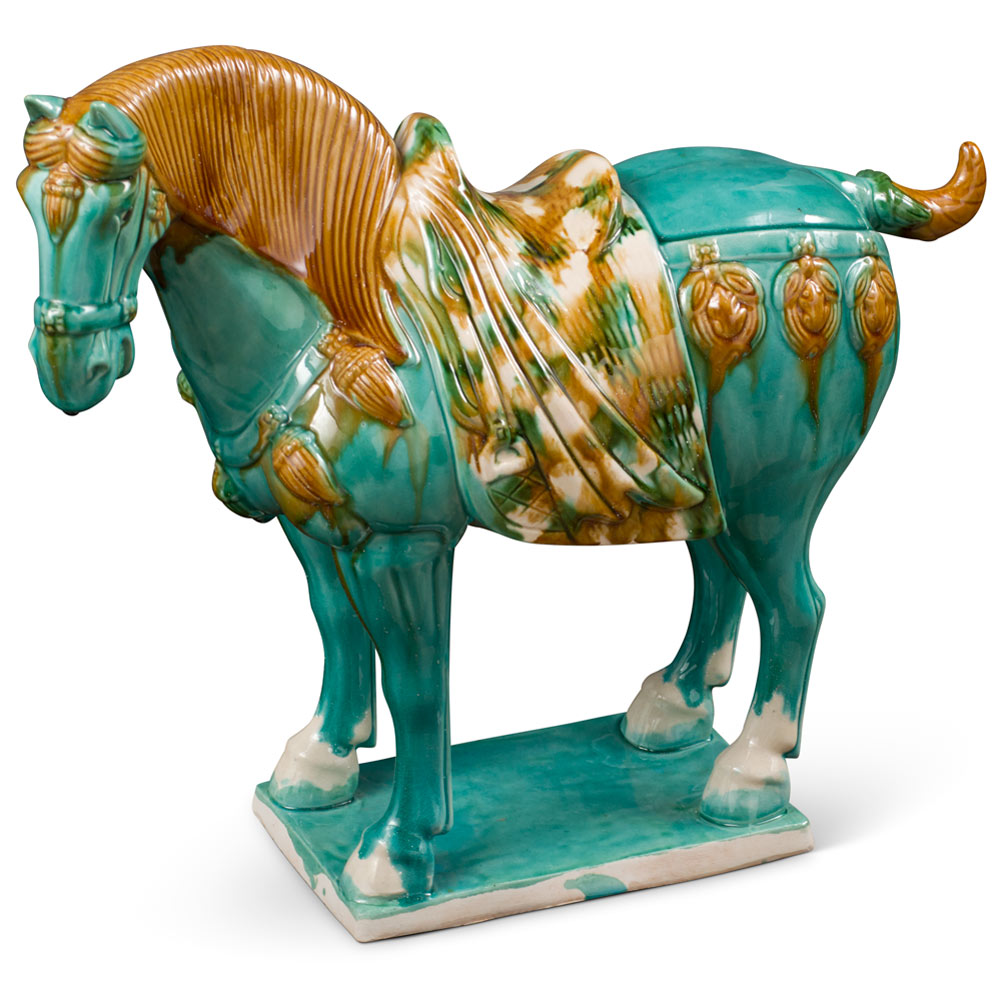 Tang Dynasty Tricolor Ceramic Horse with Colorful Saddle Tomb Figurine Replica