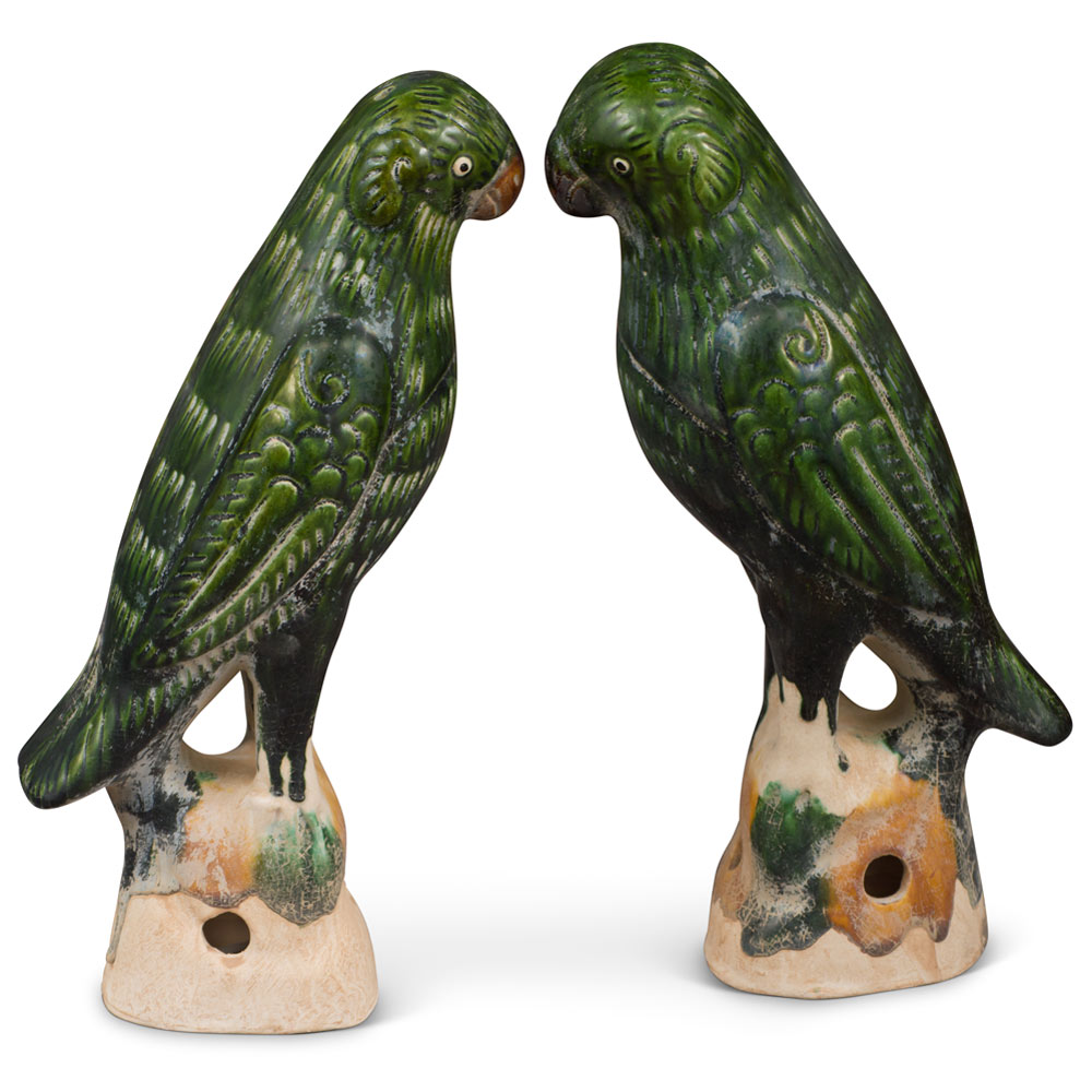 Medium Green Glazed Ceramic Standing Parrots - Set of 2