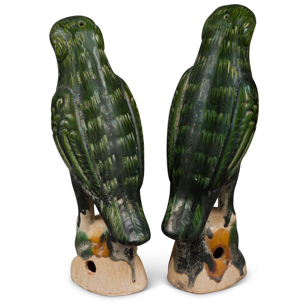 Medium Green Glazed Ceramic Standing Parrots - Set of 2