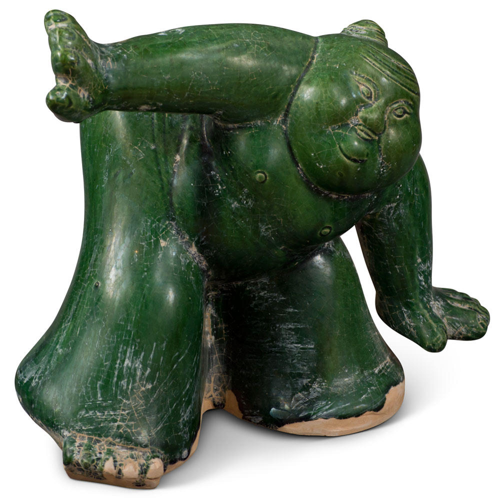 Tang Dynasty Green Glazed Ceramic Jiaodi Wrestlers - Set of 2 (Large & Small)